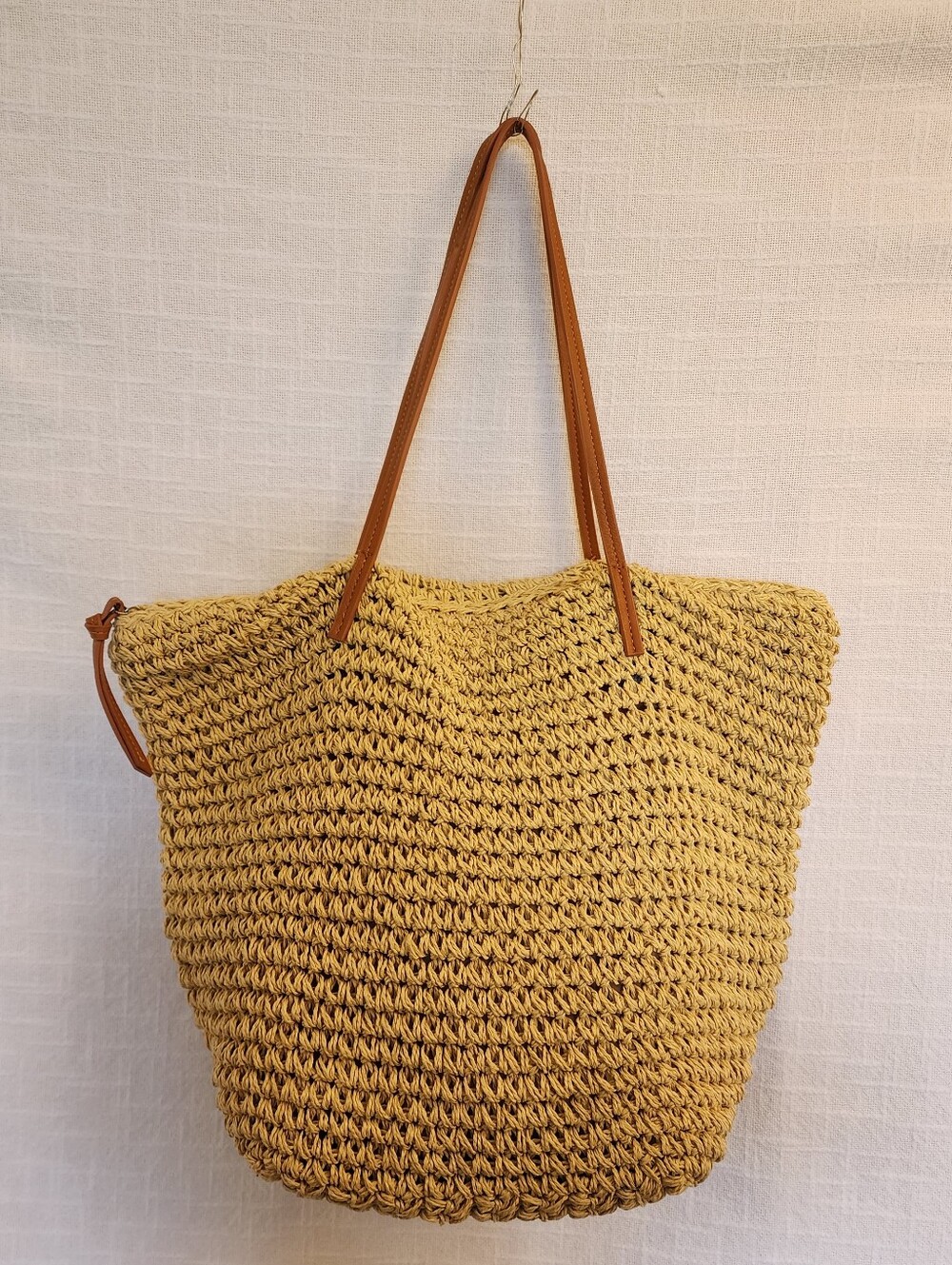 Indigo Large Natural Crochet Paper Straw Tote Bag W/ Cotton Lining Top Zip A451